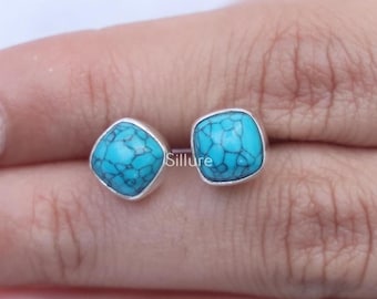 Turquoise Studs - 925 Sterling Silver Studs Earrings - December Birthstone Earrings - Gemstone Earrings - Turquoise Silver Jewellery