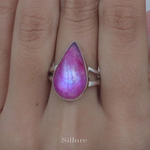 Pink Rainbow Moonstone Ring - 925 Sterling Silver Ring - Handmade Ring - Gemstone Ring - Moonstone Silver Jewellery - Christmas Gift For Her