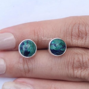 Natural Azurite Malachite Studs - 925 Sterling Silver Studs Earrings - Gemstone Studs - Every Day Jewellery - Minimalist Studs Earrings