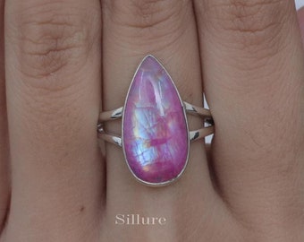 Pink Rainbow Moonstone Ring - 925 Sterling Silver Ring - Handmade Ring - Natural Gemstone Jewelry - Bohemian Ring - Hippie Ring