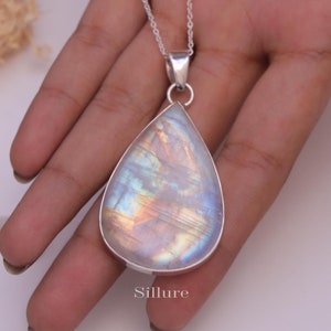 Rainbow Moonstone Pendant - 925 Solid Sterling Silver Necklace - Handmade Gemstone Pendant - Pendant With Chain - Women Silver Jewellery