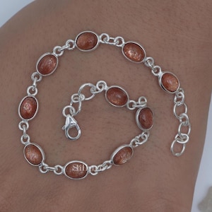 Sunstone Bracelet - 925 Sterling Silver Bracelet - Oval Shaped Bracelet - Natural Gemstone Jewellery - Bohemian Bracelet - Wedding Gift
