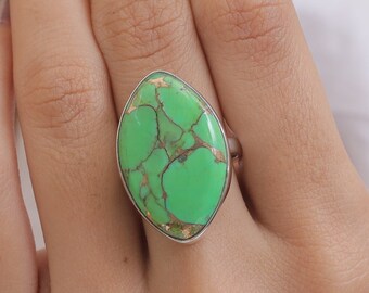 Green Copper Turquoise Ring - 925 Sterling Silver Ring - Marquise Gemstone Ring - Handmade Ring - Bohemian Ring - Turquoise Jewellery