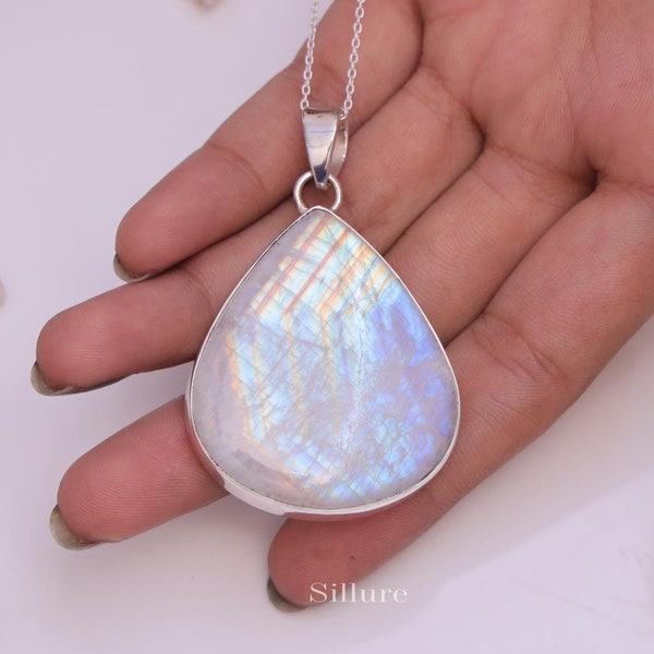 Rainbow Moonstone Pendant - 925 Sterling Silver Necklace - Natural Gemstone Pendant - Pendant Necklace - Bohemian Necklace - Women Jewelry