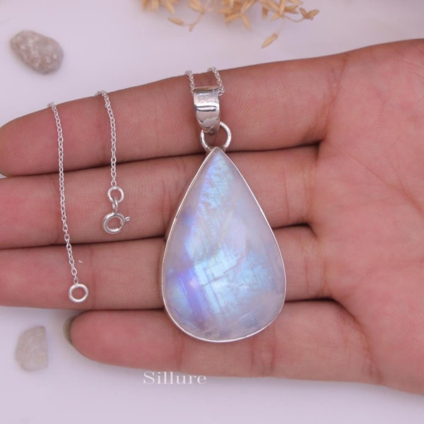 Rainbow Moonstone Pendant - 925 Sterling Silver Necklace - Pear Gemstone Pendant - Bohemian Necklace - Halloween Jewellery - Gift For Her