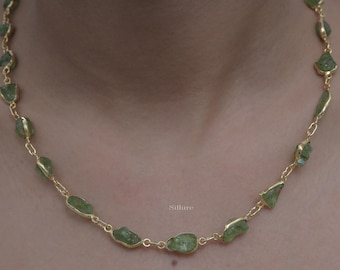 Raw Peridot Necklace - 18k Gold Plated Silver Necklace  - August Birthstone Necklace - Handmade Silver Jewellery - Wedding Gift For Her