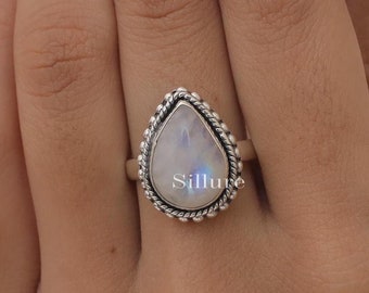 Rainbow Moonstone Ring - 925 Sterling Silver Ring - Handmade Gemstone Ring - Bohemian Ring - Pear Shaped Jewellery - Ring For Women