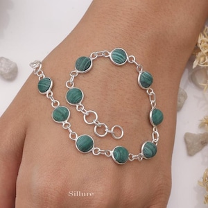Malachite Bracelet - 925 Sterling Silver Bracelet - Round Gemstone Bracelet - Adjustable Bracelet - Handmade Silver Jewellery - Gift For Her