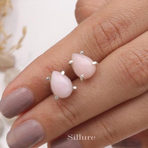 Pink Opal Stud Earrings - 925 Sterling Silver Studs - October Birthstone Studs - Pear Gemstone Studs - Opal Silver Jewellery - Gift For Her