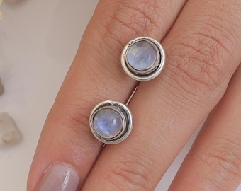 Rainbow Moonstone Studs - 925 Sterling Silver Studs - June Birthstone Studs Earrings - Round Gemstone Jewellery - Birthday Gift For Her