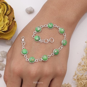Green Copper Turquoise Bracelet - 925 Sterling Silver Bracelet - Handmade Gemstone Bracelet - Adjustable Jewellery - Gift For Her
