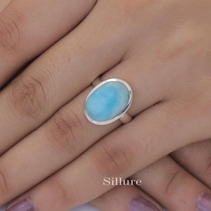 Dominican Larimar Ring - 925 Sterling Silver Ring - Natural Gemstone Ring - Oval Shaped Jewellery - Birthday Gift For Her