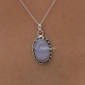 Blue Lace Agate Pendant - 925 Sterling Silver Necklace - Handmade Gemstone Pendant - Healing Crystal Necklace - Women Silver Jewellery