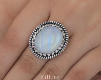 Rainbow Moonstone Ring - 925 Sterling Silver Ring - June Birthstone Ring - Woman Silver Jewellery - Boho Ring - Christmas Gift For Her