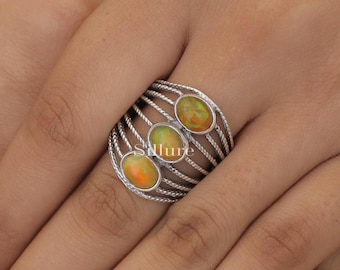 Ethiopian Opal Ring - 925 Sterling Silver Ring - Triple Gemstone Ring - Statement Ring - Halloween Jewellery - Wedding Gift For Her