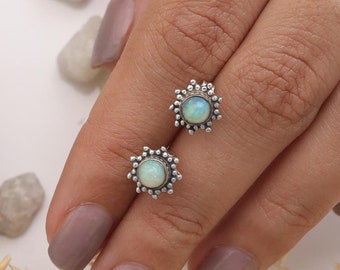 Ethiopian Opal Studs  - 925 Sterling Silver Studs - Round Gemstone Studs - Bohemian Studs Earrings - Women Silver Jewellery - Gift For Her