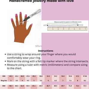 Op de afbeelding: Een diagram dat laat zien hoe je je vinger kunt meten voor een ring met behulp van een touwtje en een liniaal. Het diagram toont een hand met een touwtje om de vinger gewikkeld. Het touwtje is gemarkeerd met een stift. Het diagram toont ook een liniaal met metingen in millimeters. De tabel onder het diagram toont de overeenkomstige ringmaat voor verschillende metingen.