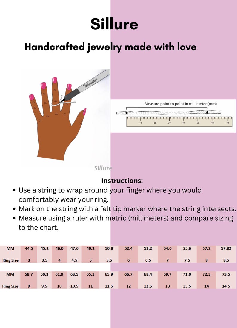 Op de afbeelding: Een diagram dat laat zien hoe je je vinger kunt meten voor een ring met behulp van een touwtje en een liniaal. Het diagram toont een hand met een touwtje om de vinger gewikkeld. Het touwtje is gemarkeerd met een stift. Het diagram toont ook een liniaal met metingen in millimeters. De tabel onder het diagram toont de overeenkomstige ringmaat voor verschillende metingen.