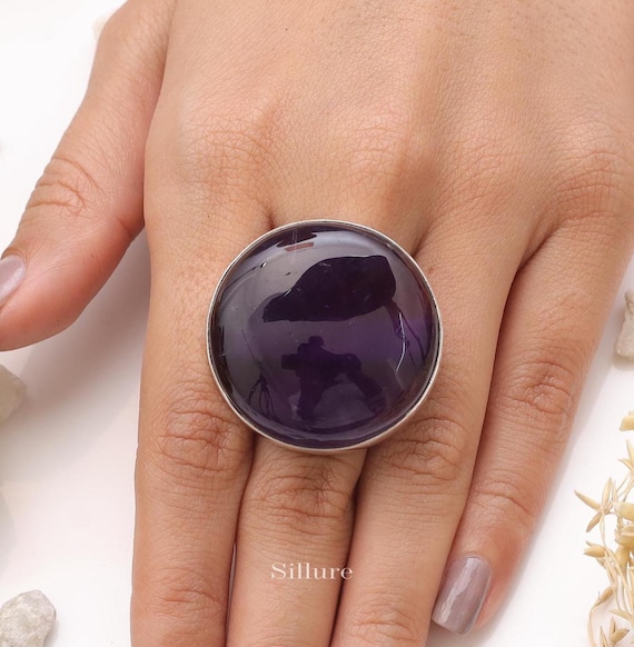 Anello Argento Pietre Anello In Argento Sterling 925 Con Pietre Naturali Di Ametista E Moonstone - Fatto A Mano, Regolabile, Tutte Le Taglie Anello Naturale Per Anniversario