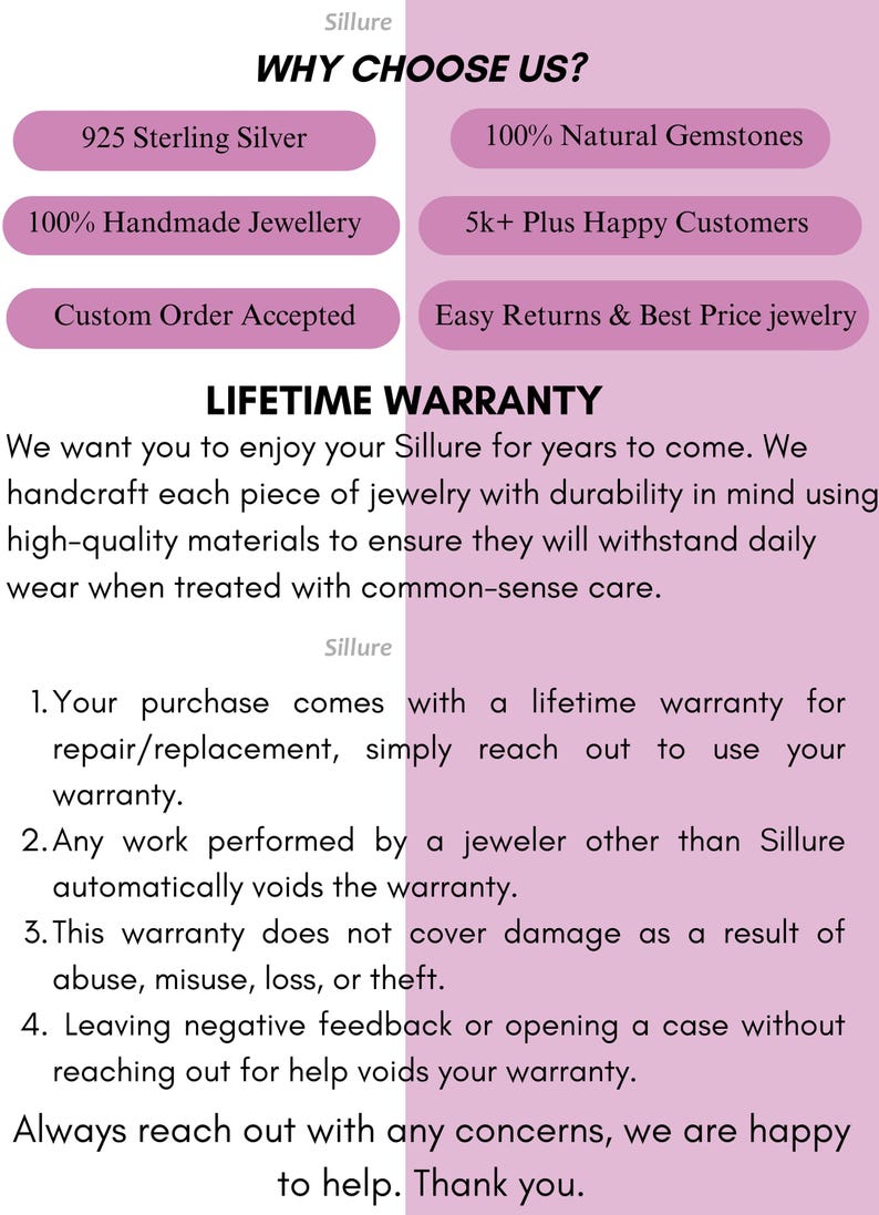 以下が含まれることがあります： 薄いピンク色の背景に「Sillure」、「WHY CHOOSE US?」、「LIFETIME WARRANTY」というテキストが記載された情報グラフィック。925 Sterling Silver、100% Natural Gemstones、100% Handmade Jewelleryなどの特徴と保証条件が記載されています。