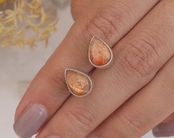 Sunstone Studs - 925 Sterling Silver Studs Earrings - Bohemian Studs Earrings - Minimalist Studs Earrings - Pear Gemstone Jewellery