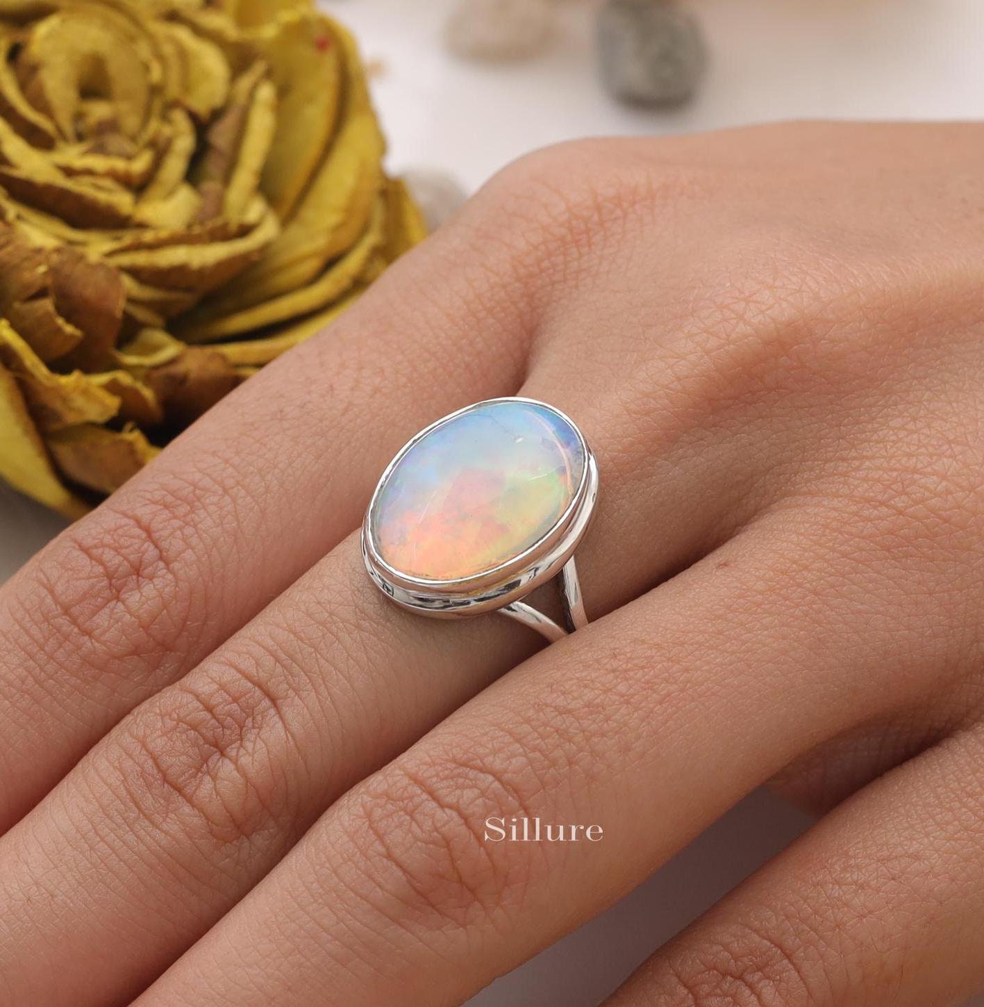 Bague Opale Et Pierre De Lune Sur Argent 925 - Taille 54, Neuve Sans Emballage