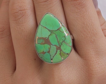 Green Copper Turquoise Ring - 925 Sterling Silver Ring - Pear Gemstone Ring - Boho Handmade Ring - Hippie Jewellery