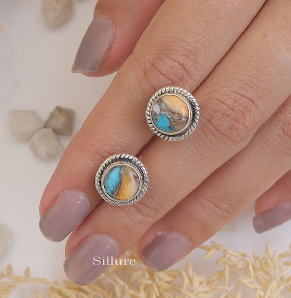 Orecchini a bottone in turchese ostrica - Orecchini a bottone in argento sterling 925 - Orecchini a bottone con pietra portafortuna di dicembre - Orecchini a bottone per tutti i giorni