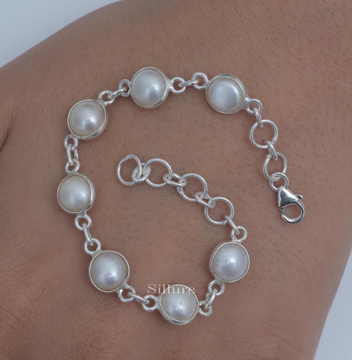Pearl Bracelet - 925 Sterling Silver Bracelet - Round Gemstone
