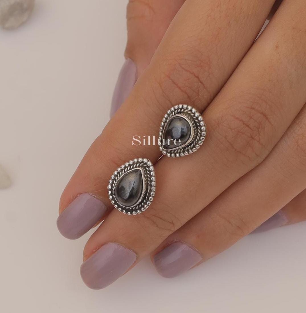 Shungite Studs Earrings - 925 Sterling Silver Studs - Bohemian Studs - Hippie Earrings - Pear Gemstone Studs - Women Silver Jewellery