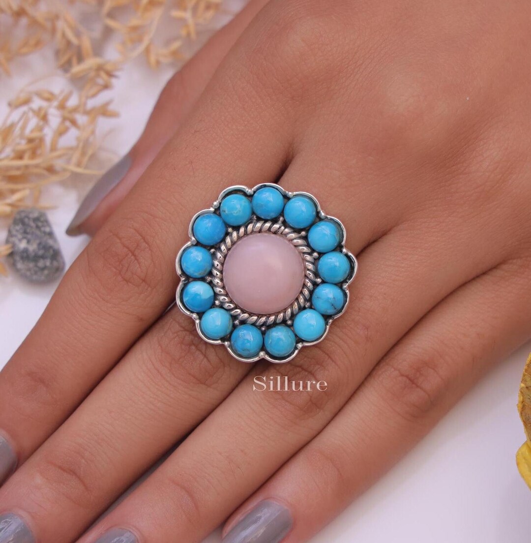 Pink Opal & Arizona Turquoise Ring - 925 Sterling Silver Ring ...