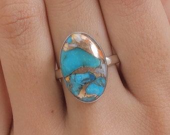 Oyster Turquoise Ring - 925 Sterling Silver Ring - December Birthstone Ring - Handmade Gemstone Ring - Bohemian Ring - Solitaire Jewellery