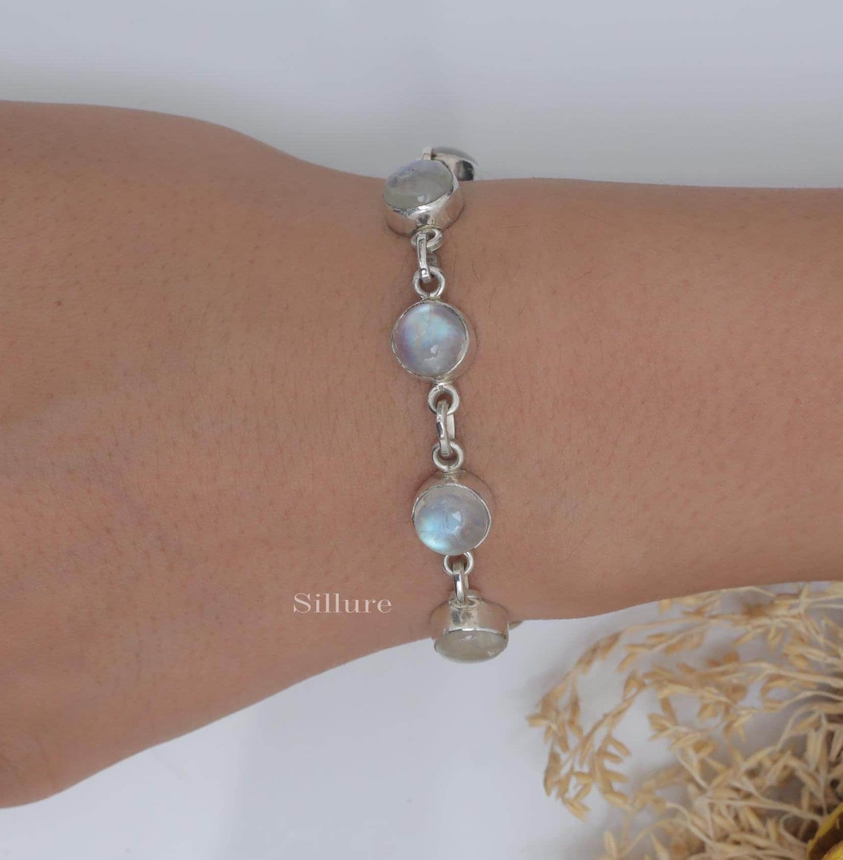 Rainbow Moonstone Bracelet - 925 Sterling Silver Bracelet - Round