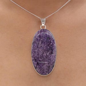Charoite Pendant - 925 Sterling Silver Necklace - Statement Pendant - Oval Shaped Jewellery - Boho Necklace - Wedding Gift For Her