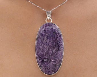 Charoiethanger - 925 sterlingzilveren ketting - statementhanger - ovale sieraden - bohoketting - huwelijkscadeau voor haar