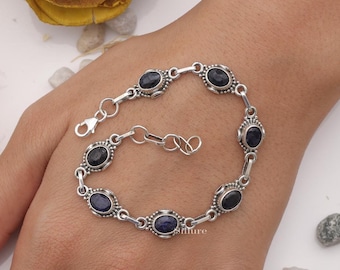 Bracciale in argento sterling con zaffiro blu: pietra portafortuna di settembre, regolabile - Italia