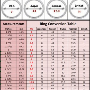 Op de afbeelding: Ringmaat conversietabel met metingen in inches en millimeters, US, Japanse, Franse, Zwitserse, Duitse en Britse maten.