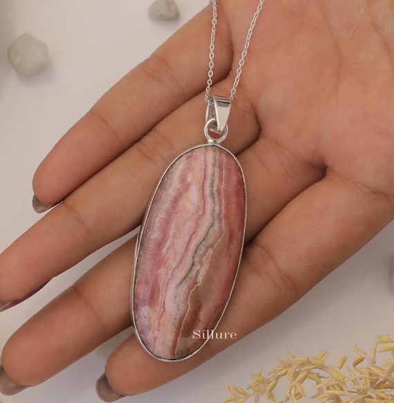 Pendentif Vintage En Argent Massif 925 Avec Rhodochrosite - Pierre Rose Naturelle - Bijou Ancien Et élégant