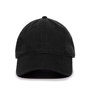 May include: A black cotton baseball cap with a curved brim.