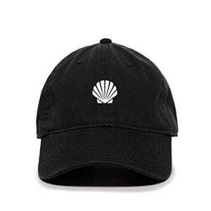 May include: A black cotton baseball cap with a white seashell embroidered on the front.