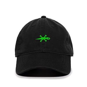 May include: A black baseball cap with a green embroidered gecko on the front.