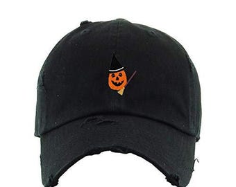 Halloween Pumpkin with Broom Vintage Baseball Cap Embroidered Cotton Adjustable Distressed Dad Hat