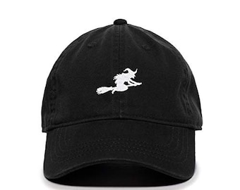 Witch with Flying Broom Halloween Baseball Cap Embroidered Cotton Adjustable Dad Hat