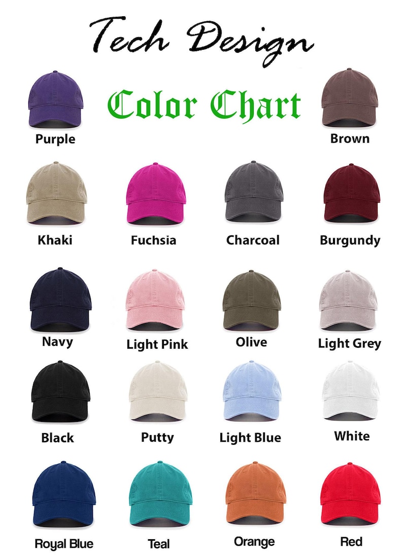 Puede incluir: Carta de colores que muestra 16 colores diferentes de gorras de b&eacute;isbol. Los colores incluyen morado, marr&oacute;n, caqui, fucsia, carb&oacute;n, burdeos, azul marino, rosa claro, oliva, gris claro, negro, masilla, azul claro, blanco, azul real, azul verdoso, naranja y rojo.