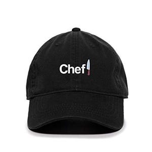 May include: Black cotton baseball cap with the word "Chef" embroidered in white and a small knife graphic next to it.