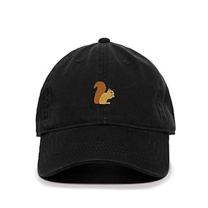 May include: A black cotton baseball cap with an embroidered brown and yellow squirrel on the front.