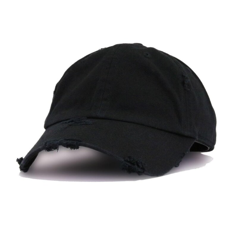 May include: A black distressed baseball cap with a slightly curved brim.