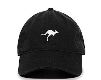 May include: A black baseball cap with a white embroidered kangaroo silhouette.