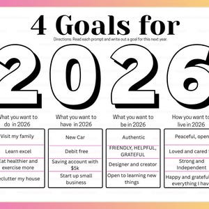 Peut inclure: Une feuille de travail colorée sur les objectifs de 2026 avec une bordure dégradée rose et jaune. La feuille de travail est divisée en quatre sections : Ce que vous voulez faire, avoir, être et comment vous voulez vivre en 2026.