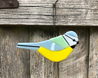 Cute Fused Glass Bluetit | Hanging Sun catcher / Garden Birds | Bird Lover | Ornament